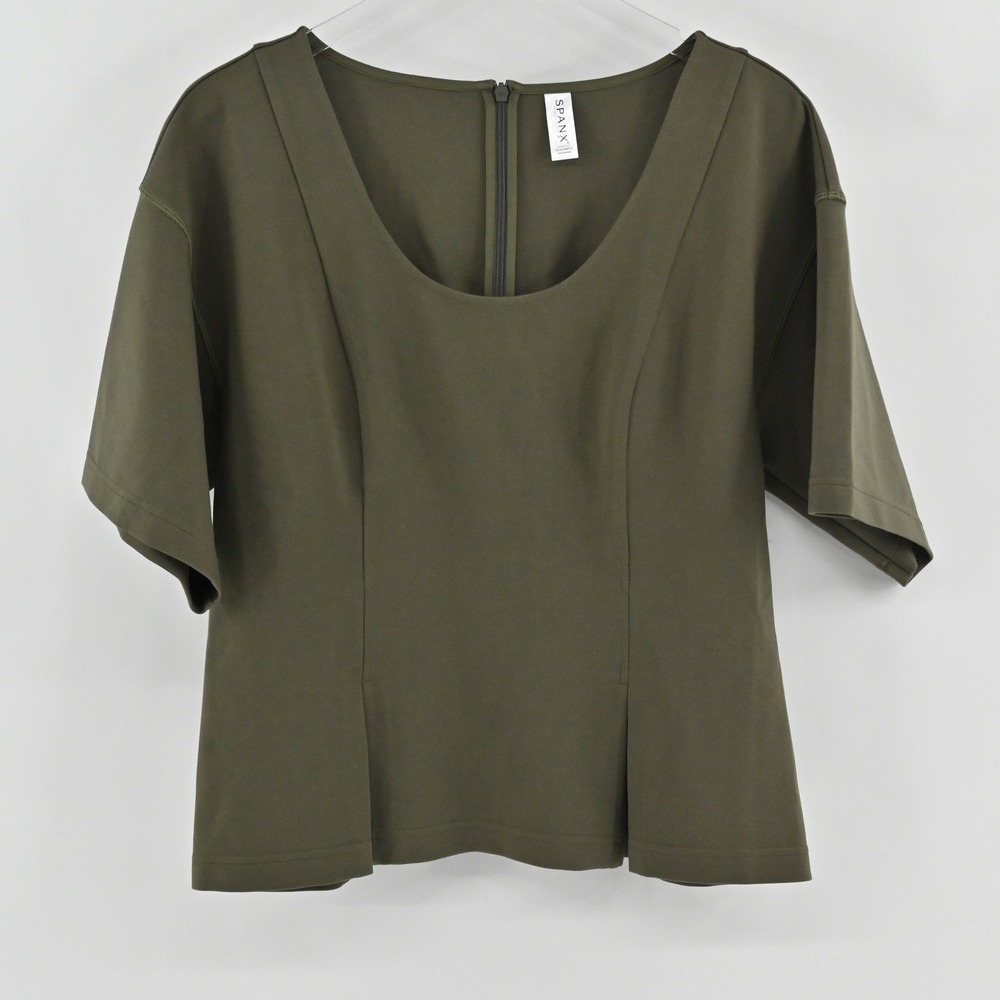 Spanx AirEssentials Flutter Sleeve Top Womens Size M Dark Pine Green Peplum Soft